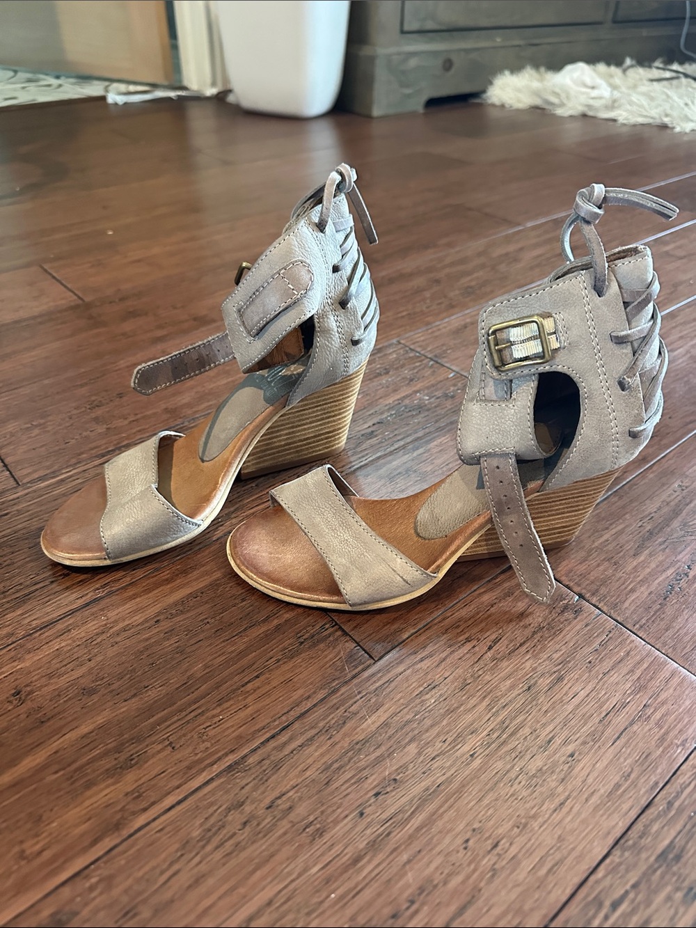 Miz Mooz Neutral Taupe Suede Ankle-Strap Block Heels